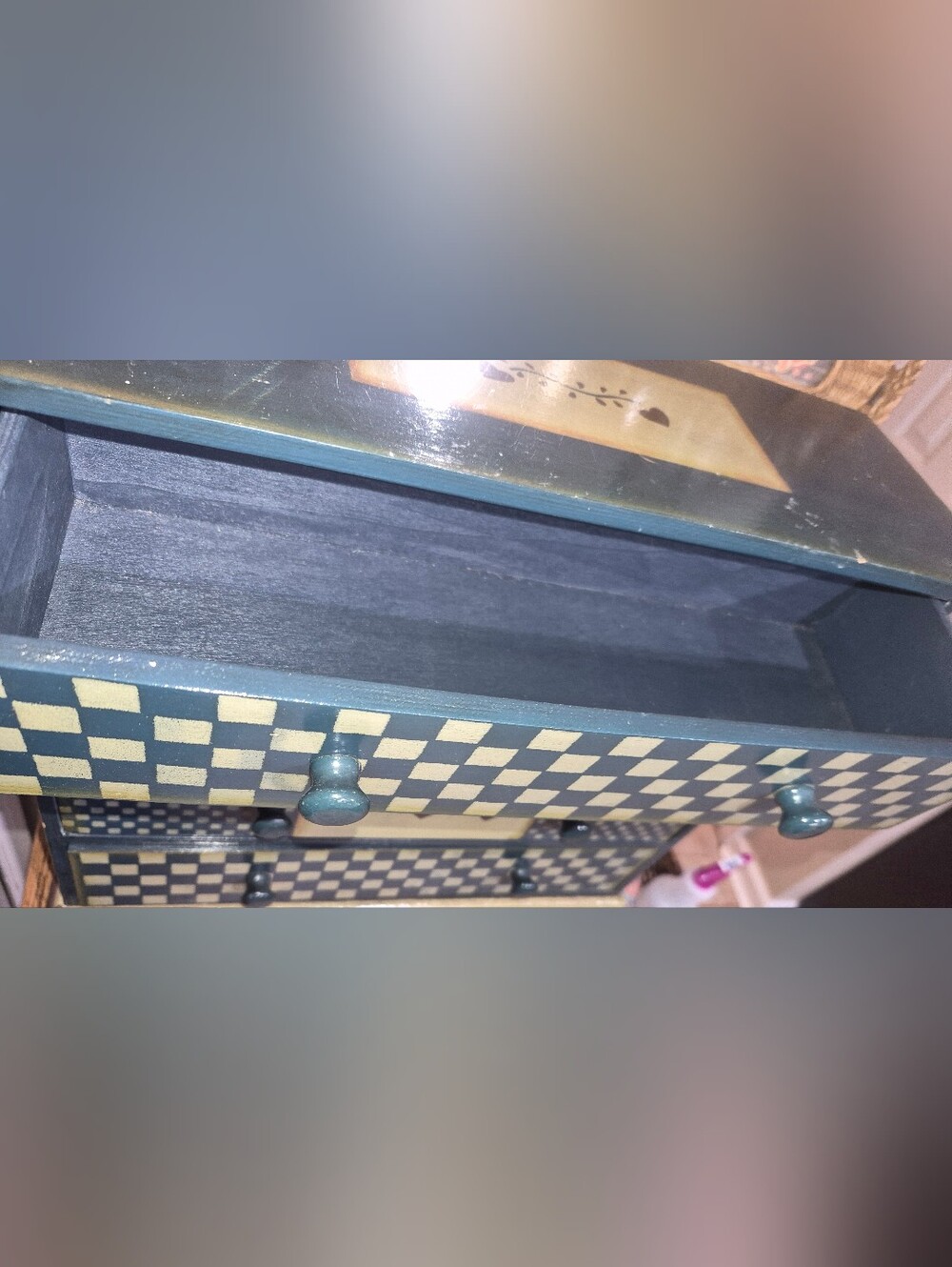 Vintage Country Folk Art Mini Chest–Hand-Painted Checkered & Heart Accent Drawer - Picture 11 of 11